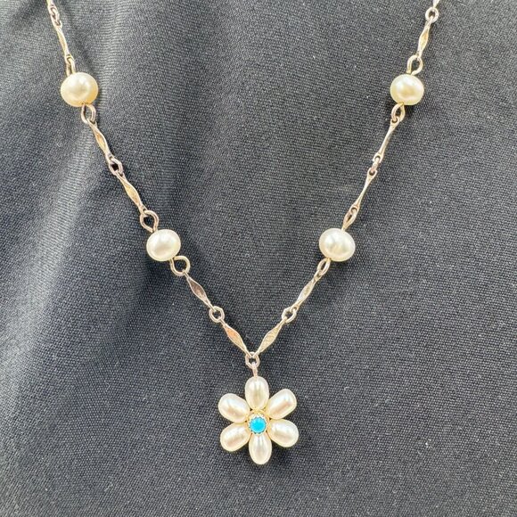 Vtg 18" Freshwater Pearl Necklace Sterling 925 w/Pearl Daisy & Turquoise Pendant - Picture 9 of 16